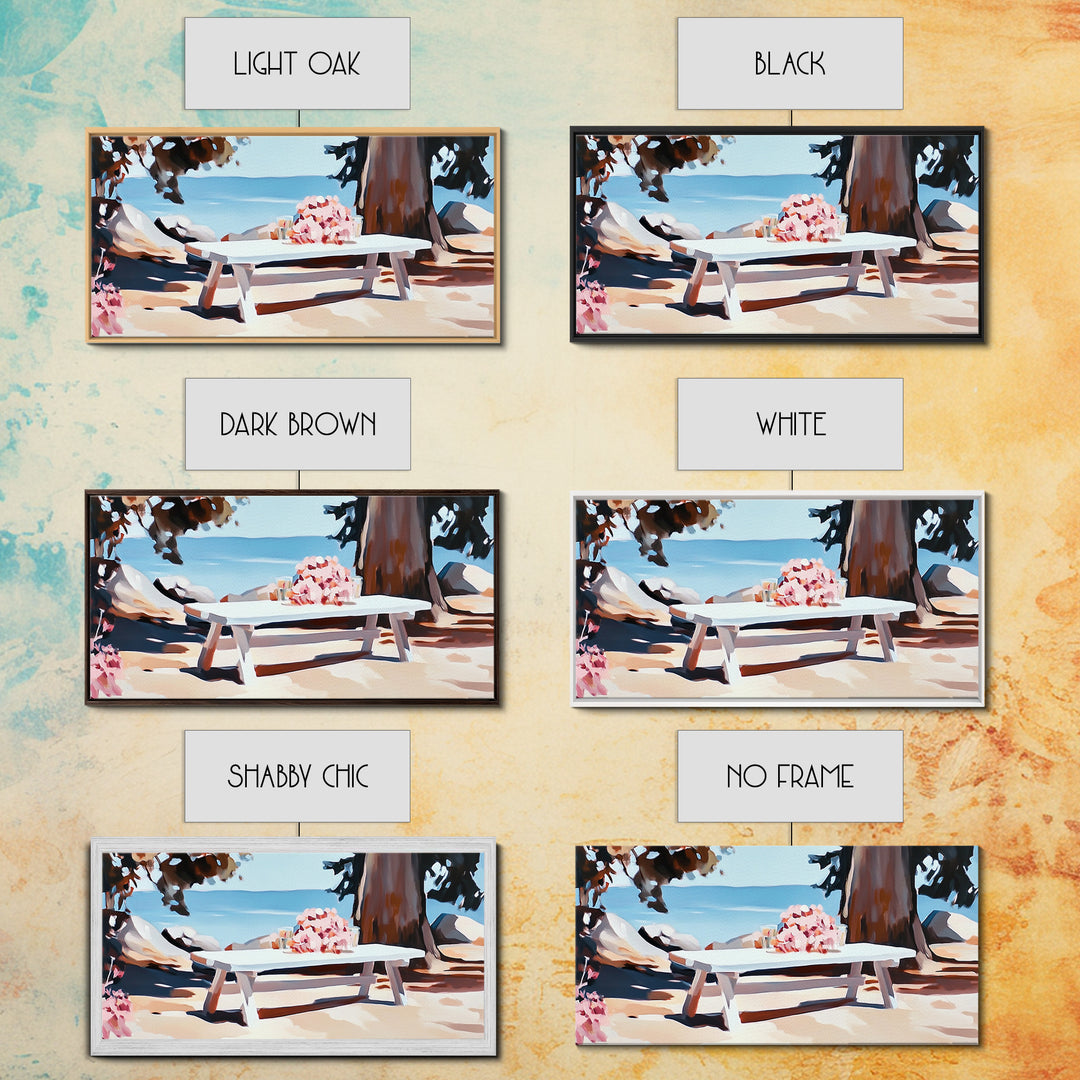 Beach Picnic, Seaside Dining, Summer Wall Art, Framed Canvas Print, Coastal Decor, Relaxing Atmosphere, Kitchen Art, Nautical Aesthetic