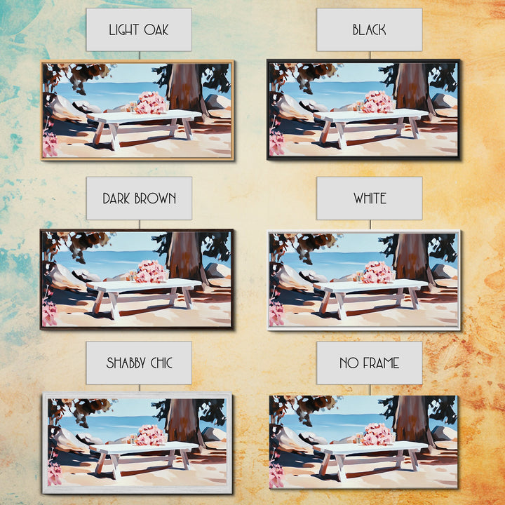 Beach Picnic, Seaside Dining, Summer Wall Art, Framed Canvas Print, Coastal Decor, Relaxing Atmosphere, Kitchen Art, Nautical Aesthetic