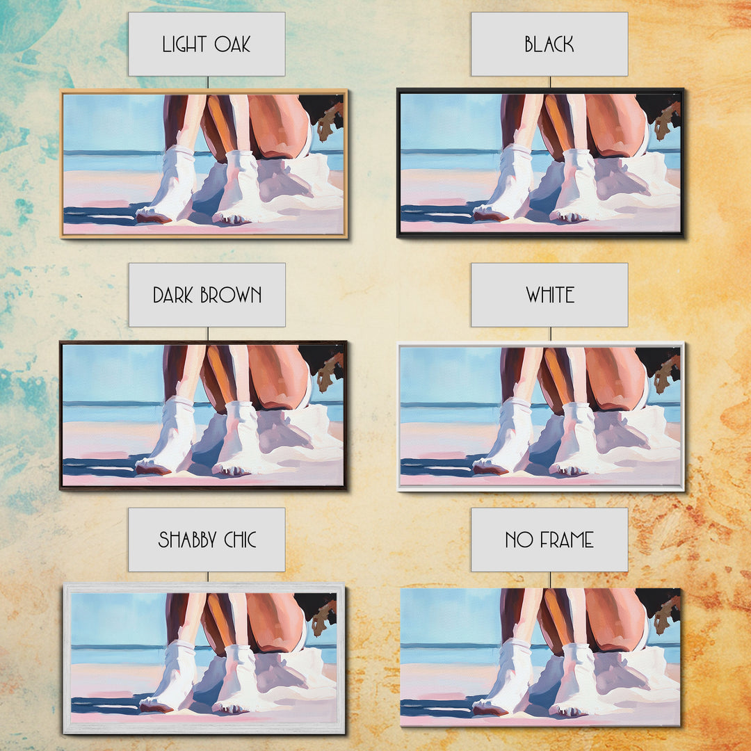 Beach Sitting, Relaxing Moment, Coastal Escape, Soft Pastels, Framed Canvas Print, Boho Art, Bedroom Wall Decor, Modern Minimalist Art