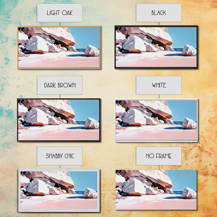 Rocky Beach Scene, Coastal Landscape, Modern Nature Art, Relaxing Seaside View, Framed Canvas Print, Ocean Wall Decor