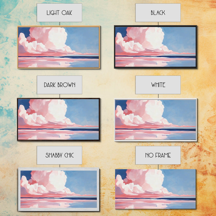 Cloudy Seascape, Pink Horizon, Framed Canvas Print, Coastal Art, Serene Wall Decor, Sunset Painting, Ocean Aesthetic