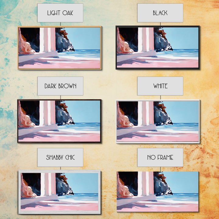 Coastal Retreat, Mediterranean Art, Framed Canvas Print, Beach House Decor, Minimalist Seascape, Pastel Ocean Painting, Modern Wall Art