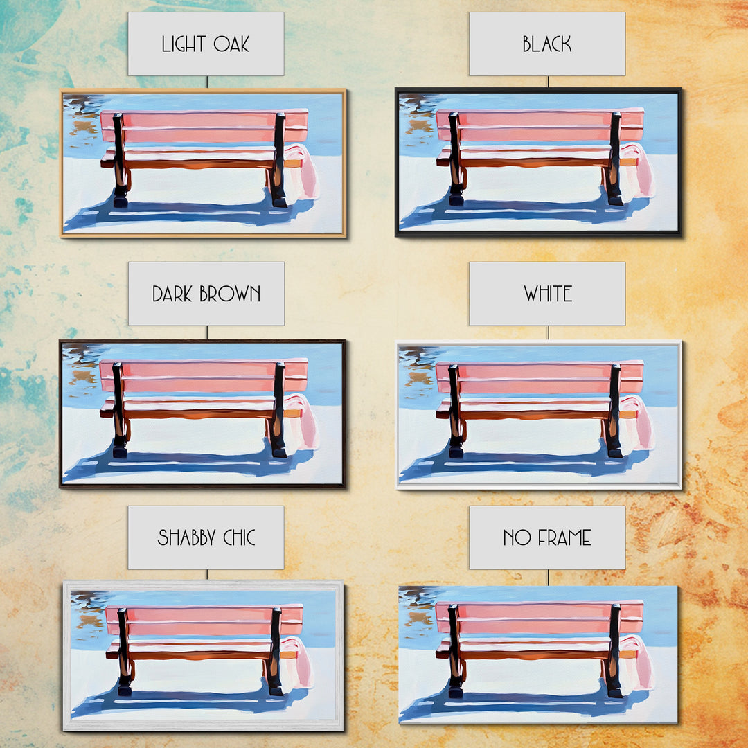 Park Bench, Peaceful Moment, Minimalist Art, Living Room Wall Art, Pastel Landscape, Framed Canvas Print, Impressionist Style, Soft Blue Pink
