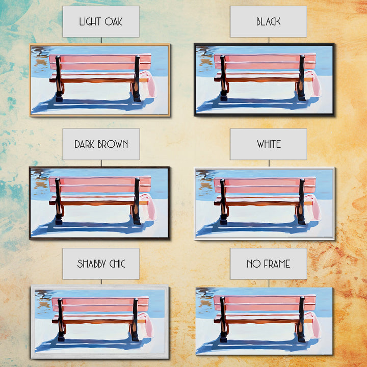 Park Bench, Peaceful Moment, Minimalist Art, Living Room Wall Art, Pastel Landscape, Framed Canvas Print, Impressionist Style, Soft Blue Pink