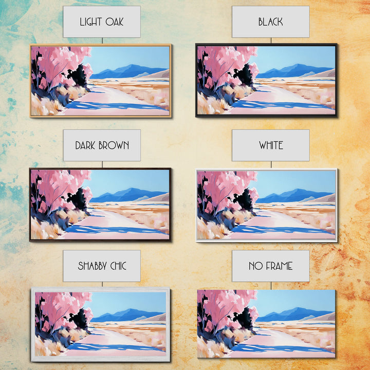 Blossoms, Mountain Path, Scenic Landscape Art, Nature Painting, Boho Decor, Framed Canvas Print, Pastel Pink Trees, Serene Wall Art