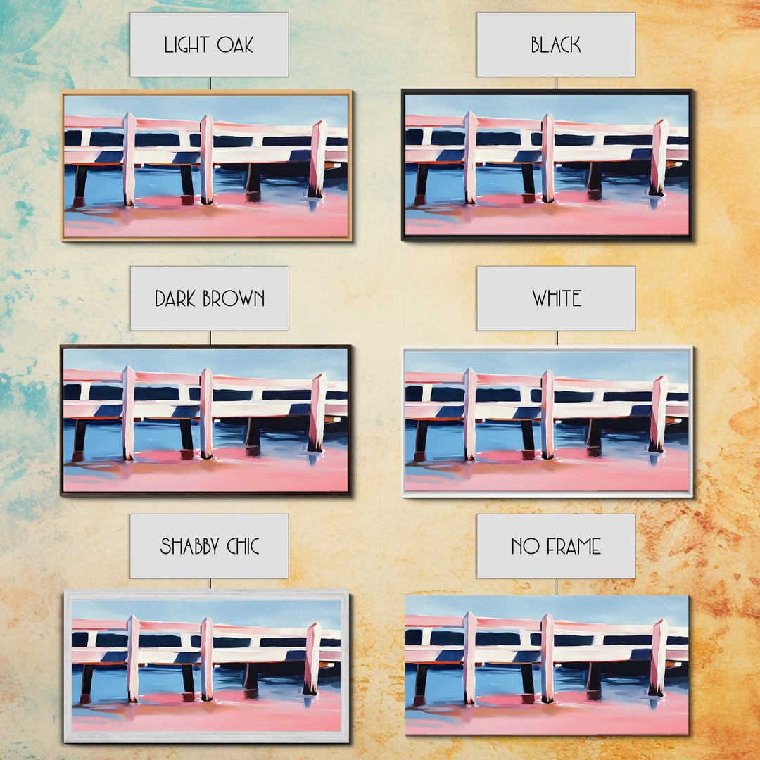 Dock, Reflections, Landscape Art, Nautical Decor, Serene Water Painting, Framed Canvas Print, Minimalist Seaside Art, Blue Pink Aesthetic