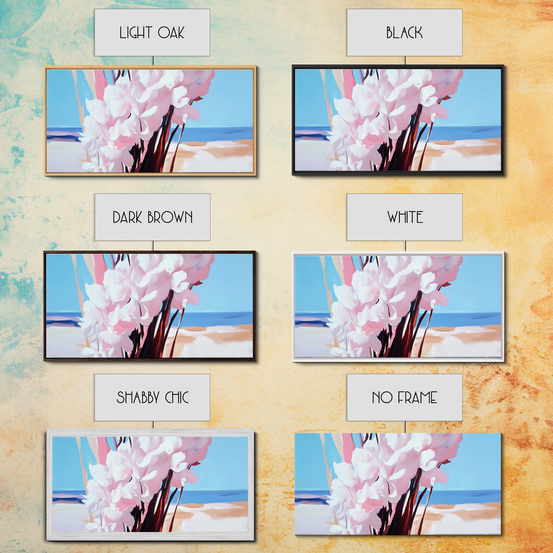 Coastal Flowers, Beach House Art, Pink Blossom Painting, Nature Wall Art, Minimalist Decor, Framed Canvas Print, Modern Living Room