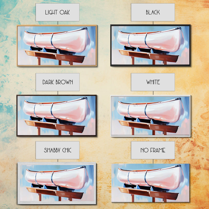 Canoe, Dockside View, Rustic Adventure Art, Cabin Wall Decor, Nature Inspired Aesthetic, Outdoor Enthusiast Gift, Framed Canvas Print