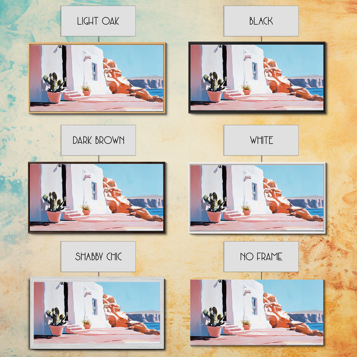 Cliffside House, Mediterranean Wall Art, Travel Print, Santorini Inspired Decor, Minimalist Aesthetic, Framed Canvas Print, Living Room