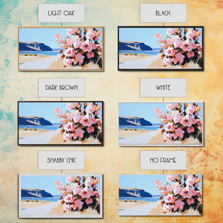 Coastal Flowers, Blue Ocean, Beach Aesthetic, Vibrant Nature Art, Boho Wall Decor, Bedroom Art, Pink Floral Scene, Canvas Print