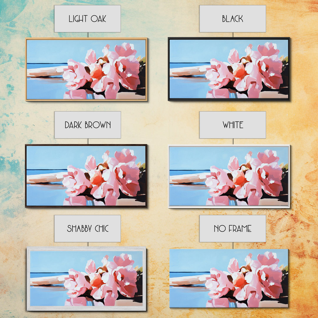 Beach Flowers, Coastal Art, Pink Peonies, Seaside Decor, Framed Canvas Print, Living Room Wall Art, Romantic Art, Boho Aesthetic