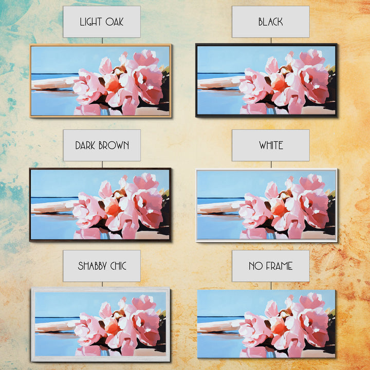 Beach Flowers, Coastal Art, Pink Peonies, Seaside Decor, Framed Canvas Print, Living Room Wall Art, Romantic Art, Boho Aesthetic