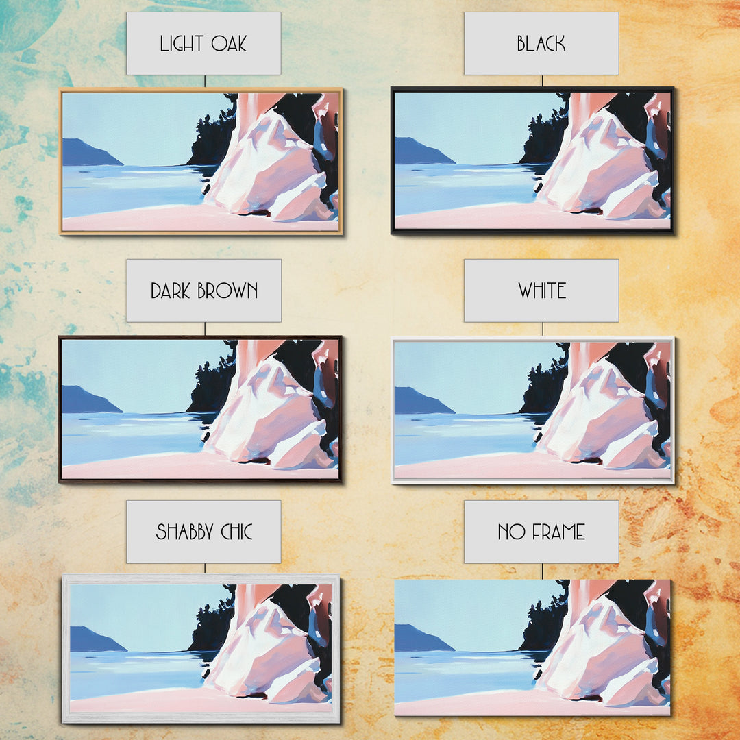 Cliffside View, Tranquil Waters, Framed Canvas Print, Coastal Wall Art, Minimalist Landscape, Serene Home Decor, Blue and Blush Tones