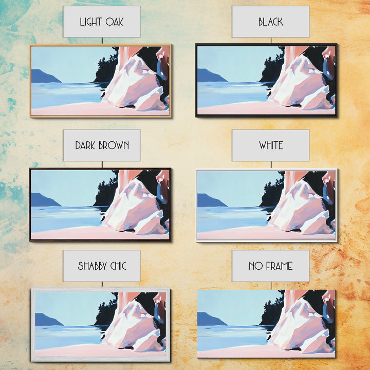 Cliffside View, Tranquil Waters, Framed Canvas Print, Coastal Wall Art, Minimalist Landscape, Serene Home Decor, Blue and Blush Tones