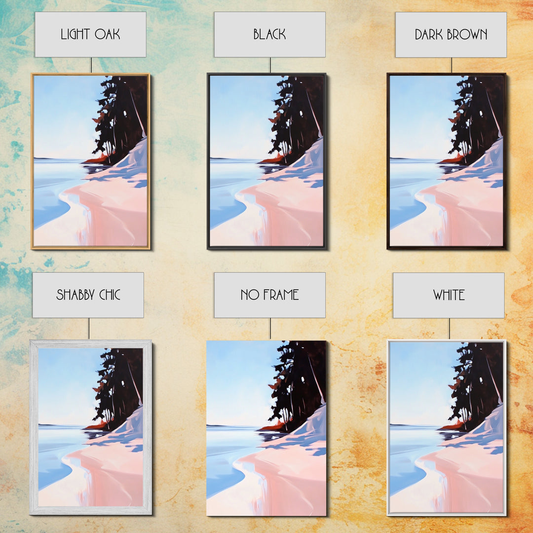 Secluded Beach, Coastal Pines, Ocean Sunset Art, Nature Wall Decor, Framed Canvas Print, Minimalist Seascape, Living Room Art, Boho Print