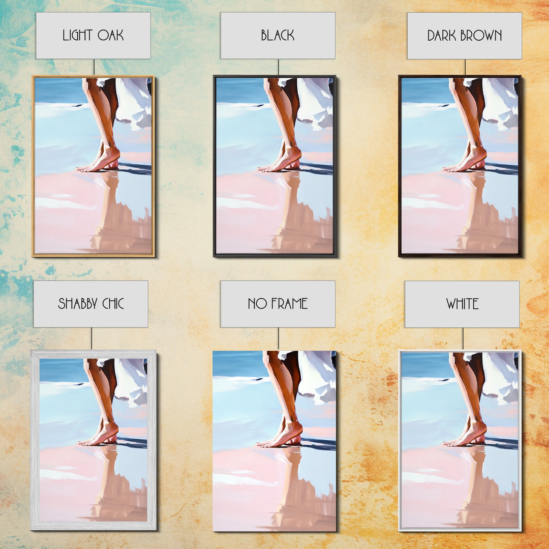 Barefoot Walk, Beach Reflection, Seaside Painting, Framed Canvas Print, Coastal Home Decor, Boho Art, Relaxing Bedroom Wall Art