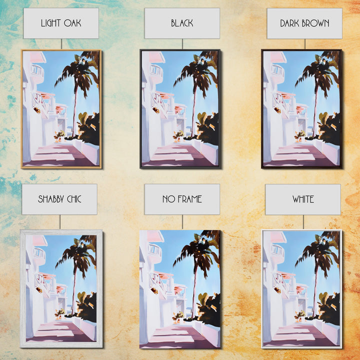 Tropical Balcony View, Palm Tree Painting, Coastal Boho Art, Framed Canvas Print, Mediterranean Aesthetic, Living Room Wall Art, Beach House Decor