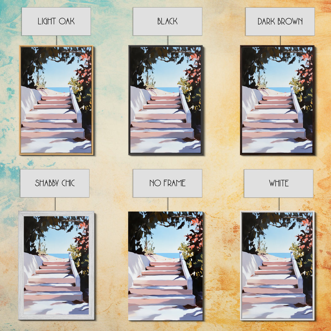 Beach Stairs, Seaside Getaway, Summer Vibes, Tropical Aesthetic, Warm Sunlight, Coastal Home Decor, Framed Canvas Print, Entryway