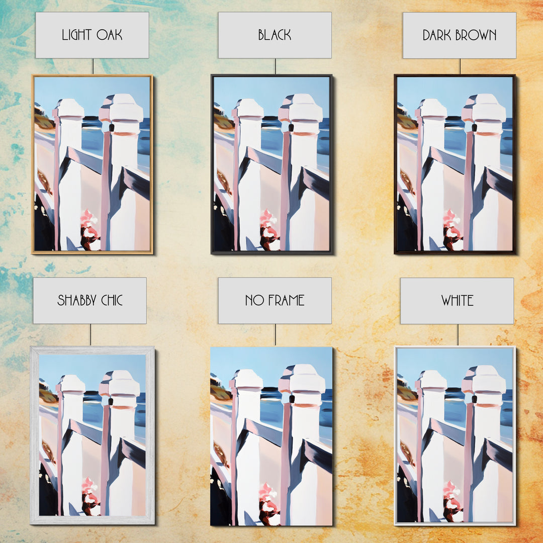 Coastal Railing, Seaside Escape, Nautical Aesthetic, Framed Canvas Print, Beach House Wall Art, Ocean View Decor, Minimalist Blue Art