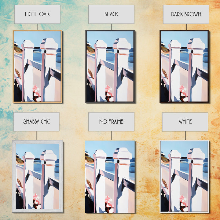 Coastal Railing, Seaside Escape, Nautical Aesthetic, Framed Canvas Print, Beach House Wall Art, Ocean View Decor, Minimalist Blue Art