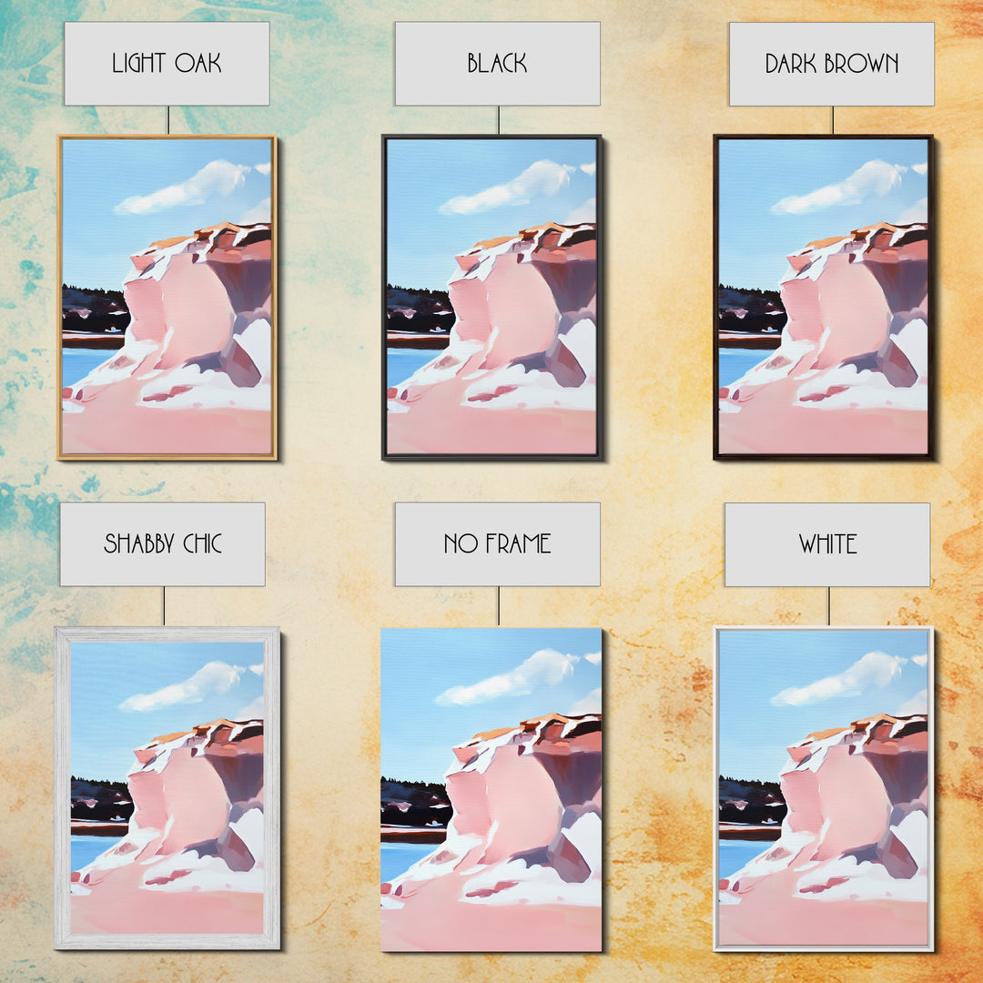 Pink Cliffs, Coastal Beauty, Ocean Landscape, Soft Pastel Art, Nature Inspired, Tranquil Scenery, Boho Wall Art, Framed Canvas Print