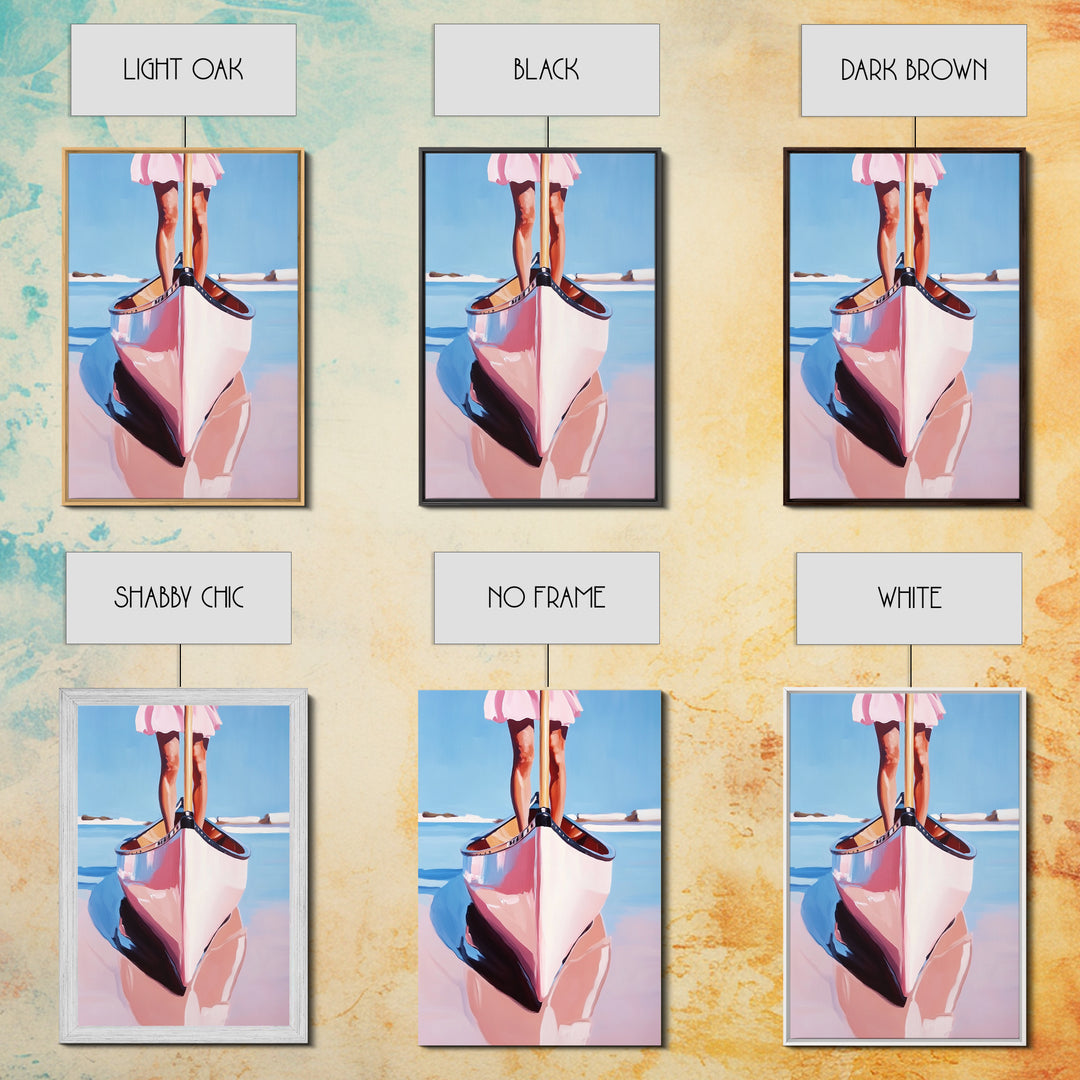 Pink Canoe, Girl, Reflection, Framed Canvas Print, Coastal Wall Art, Nautical Decor, Summer Aesthetic, Beach House Art, Boho Art