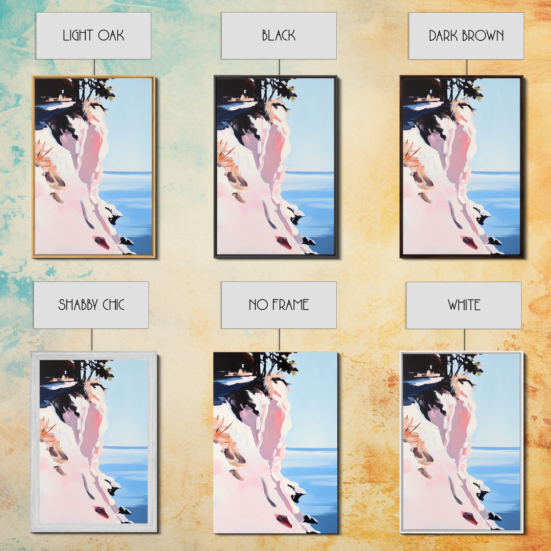 Cliffs and Water, Nature Wall Art, Minimalist Landscape, Coastal Home Decor, Blue and Pink Art, Framed Canvas Print, Office Wall Decor