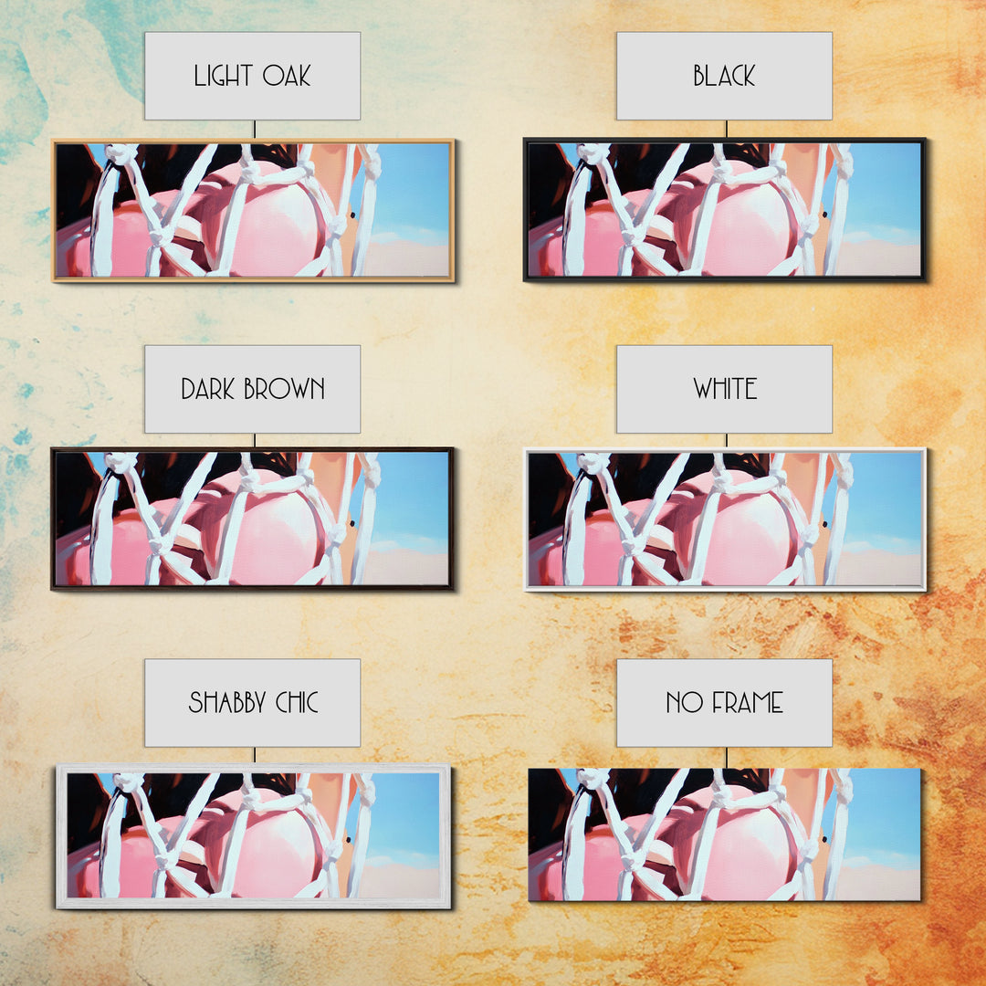 Rope Swing, Woman in Pink, Sunlit Sky, Framed Canvas Print, Summer Wall Art, Minimalist Decor, Feminine Aesthetic, Boho Art