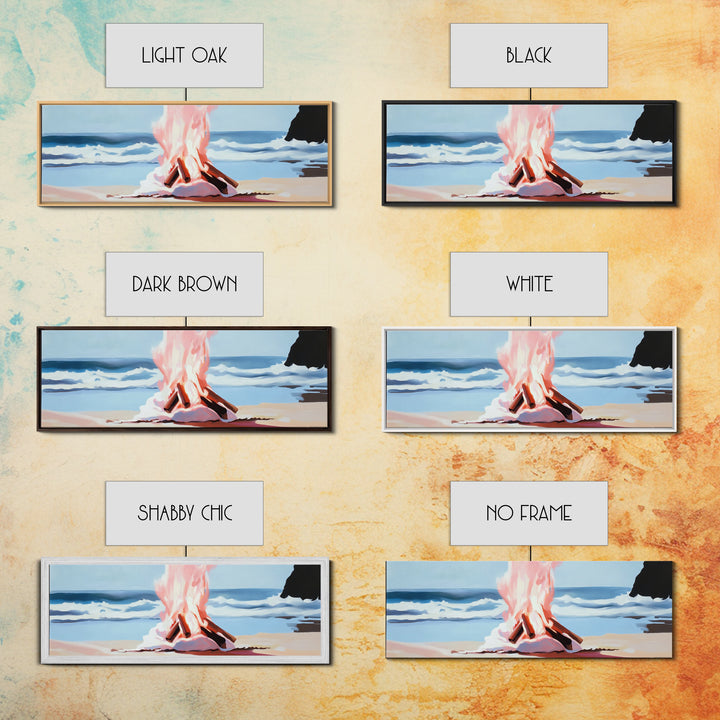 Beach Bonfire, Ocean Fire, Coastal Campfire, Framed Canvas Print, Seaside Night Art, Relaxing Summer Scene, Nautical Wall Decor