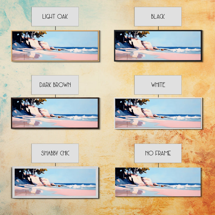 Cliffs, Waves, Pink Sand, Framed Canvas Print, Seascape Wall Art, Coastal Home Decor, Ocean Scene, Pastel Aesthetic, Relaxing Landscape