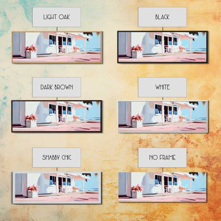 Coastal Café, Beachfront House, Ocean Breeze, Minimalist Canvas Print, Living Room Wall Art, Nautical Home Decor, Modern Coastal Art