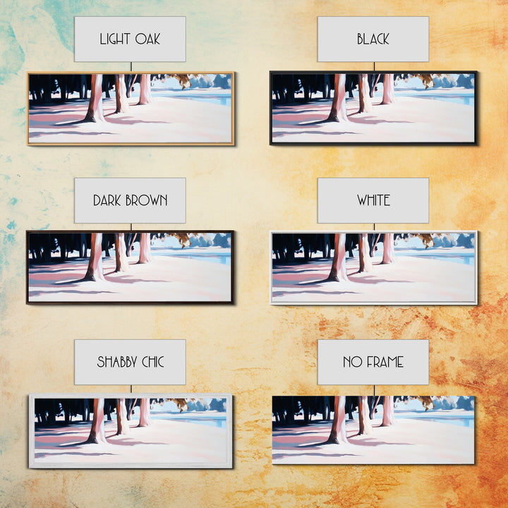 Beach Trees, Sunset Glow, Seaside Landscape, Coastal Art, Pastel Aesthetic, Framed Canvas Print, Living Room Art, Serene Escape