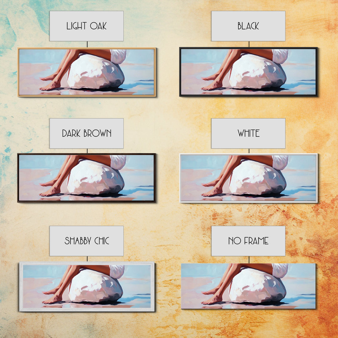 Beach Serenity, Woman Relaxing, Coastal Aesthetic, Framed Canvas Print, Minimalist Art, Boho Decor, Bedroom Wall Art, Summer Art