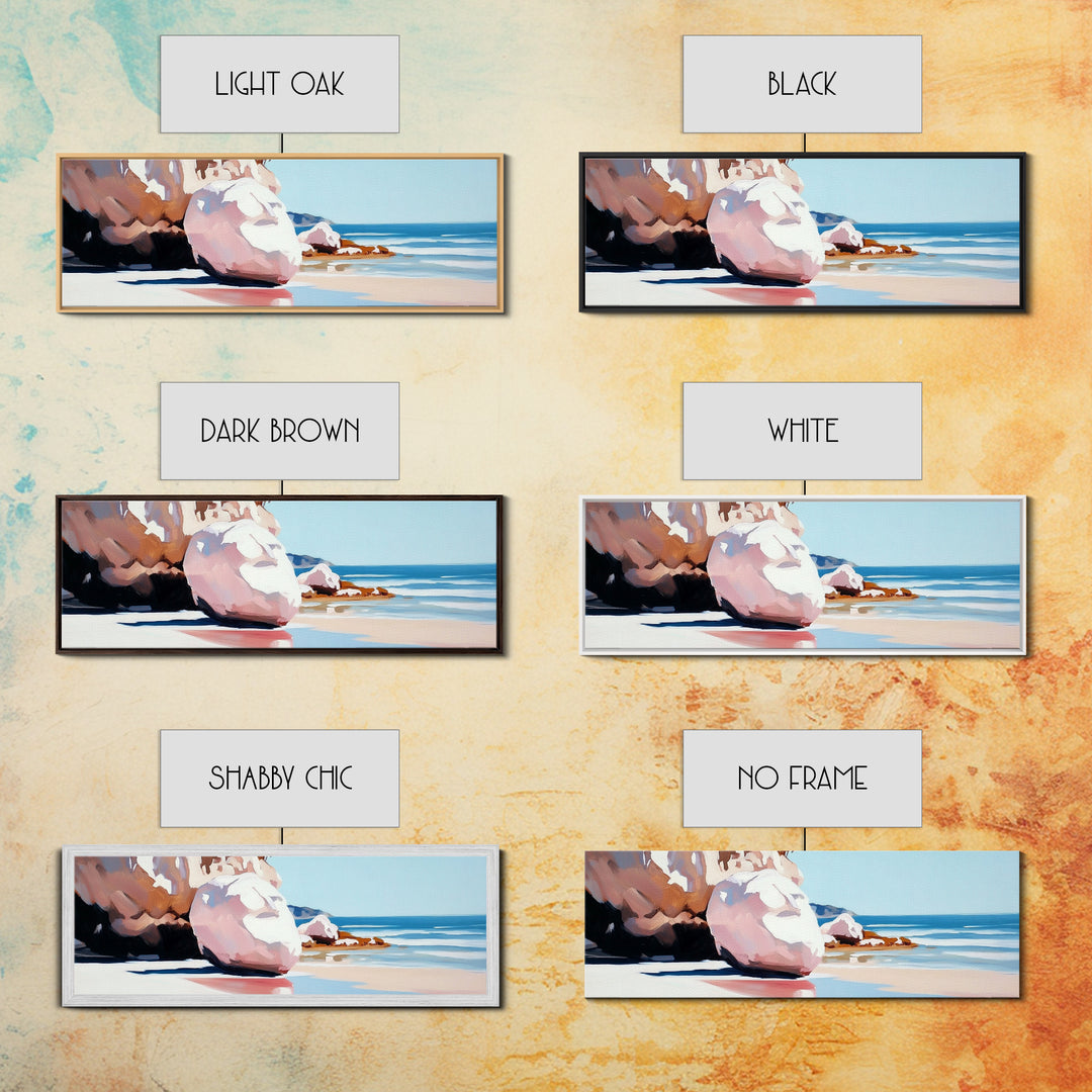 Beach Boulders, Coastal Landscape, Tranquil Escape, Framed Canvas Print, Ocean Wall Art, Boho Decor, Relaxing Seaside Painting