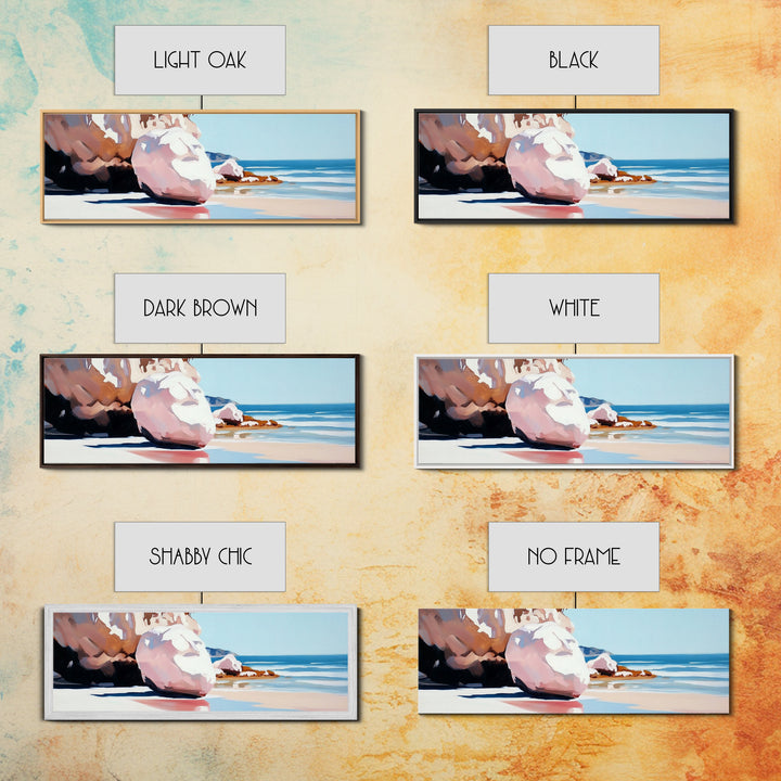 Beach Boulders, Coastal Landscape, Tranquil Escape, Framed Canvas Print, Ocean Wall Art, Boho Decor, Relaxing Seaside Painting