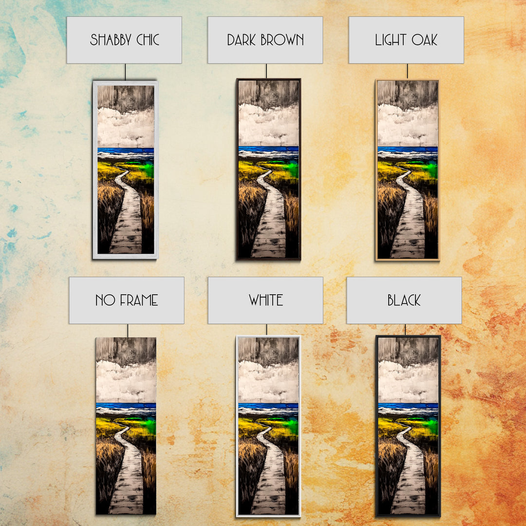 Boardwalk, Beach Path Art, Coastal Living Room Decor, Ocean Horizon Print, Tranquil Landscape, Relaxing Home Aesthetic, Framed Canvas Print