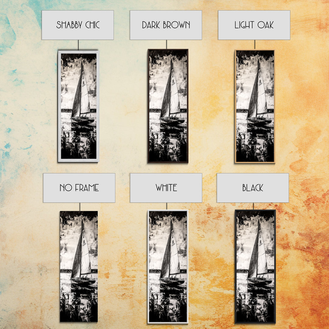 Black and White Sailboat, Nautical Wall Art, Minimalist Seascape Painting, Coastal Home Decor, Office or Bedroom Art, Framed Canvas Print