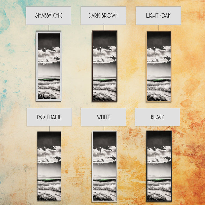 Coastal Waves, Black and White, Green Wave, Framed Canvas Print, Modern Beach Wall Art, Minimalist Ocean Decor, Living Room Art