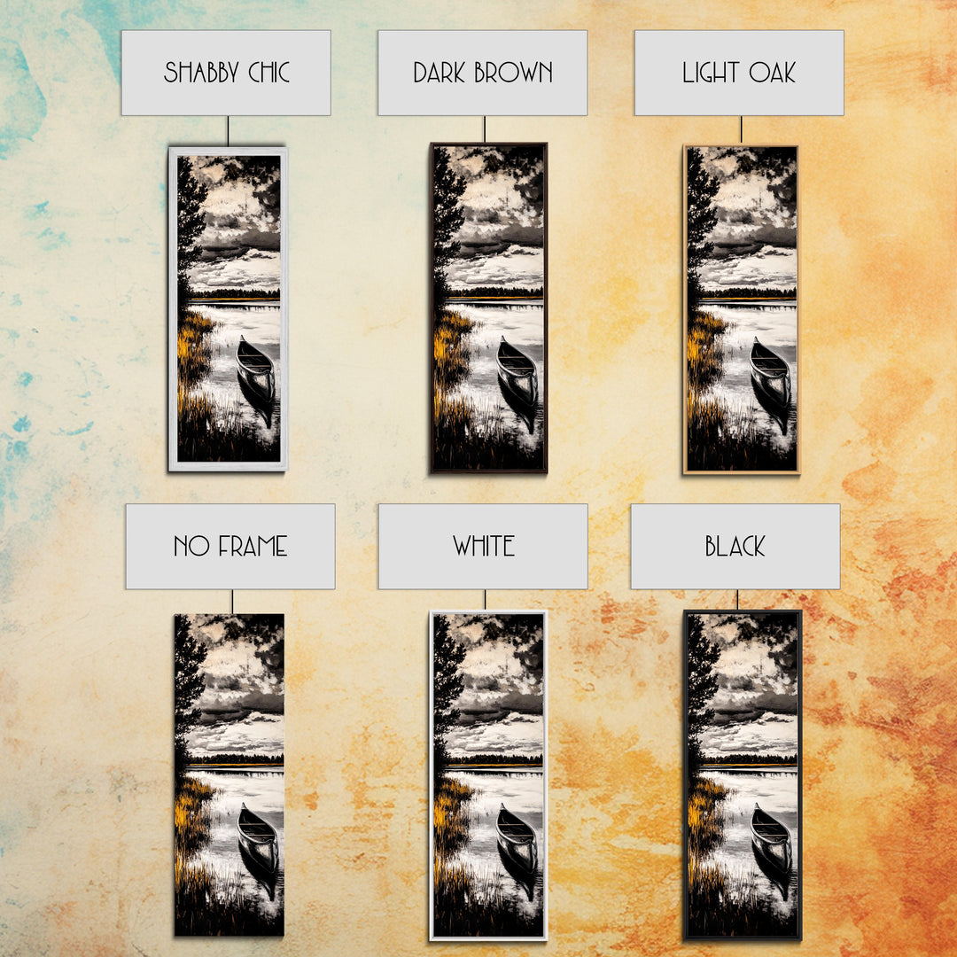 Canoe Lake, Tranquil Nature Art, Black and White Landscape, Framed Canvas Print, Serene Home Decor, Cabin Wall Art, Adventure Painting