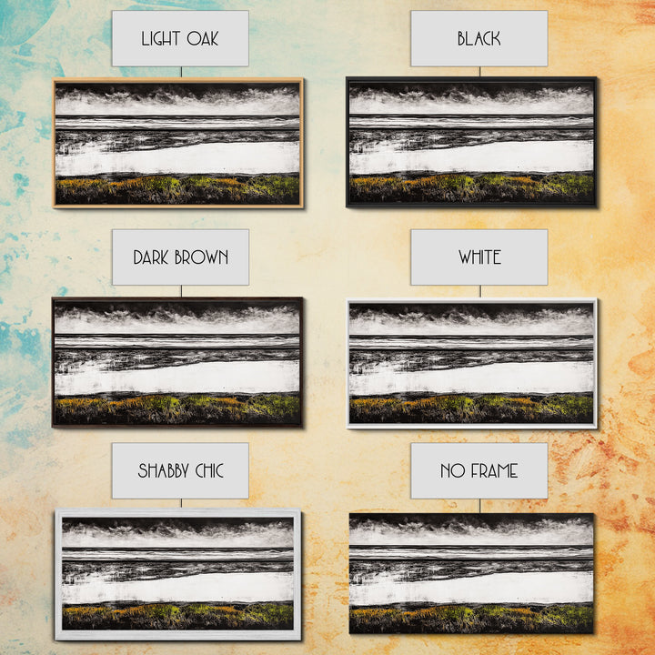 Coastal Horizon, Black and White Beach, Minimalist Seascape, Monochrome Art, Nature Inspired, Framed Canvas Print, Office Wall Decor