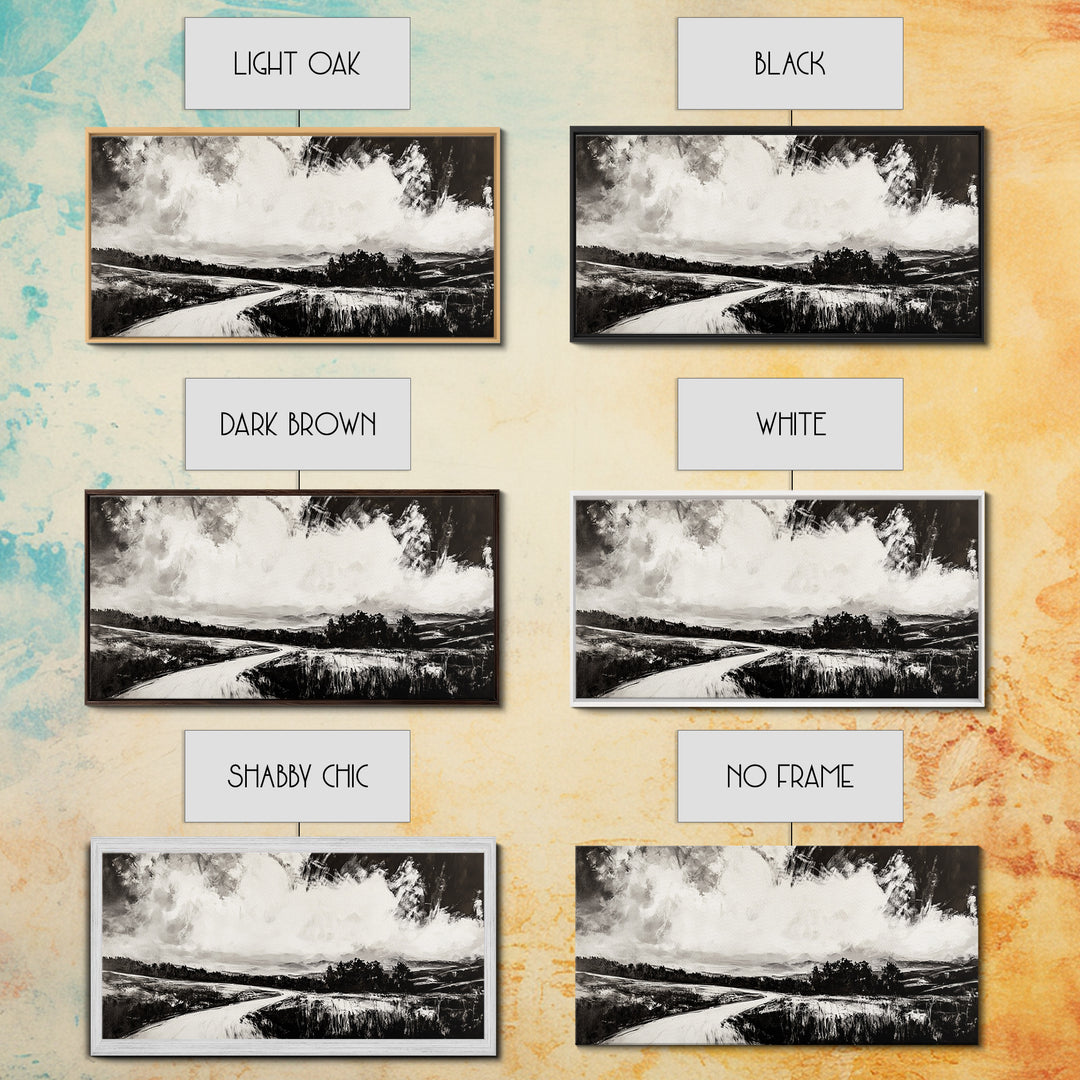 Country Road, Black and White, Minimalist, Framed Canvas Print, Rustic Landscape, Entryway Wall Art, Neutral Wall Decor, Farmhouse Style