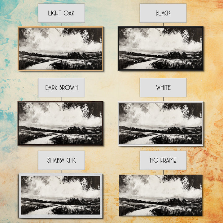 Country Road, Black and White, Minimalist, Framed Canvas Print, Rustic Landscape, Entryway Wall Art, Neutral Wall Decor, Farmhouse Style