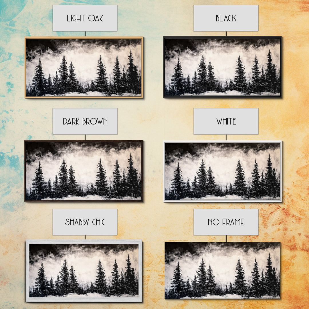 Pine Trees, Fog, Winter, Black and White, Framed Canvas Print, Mountain Art, Rustic Cabin Decor, Christmas Gift, Minimalist Home Wall Art