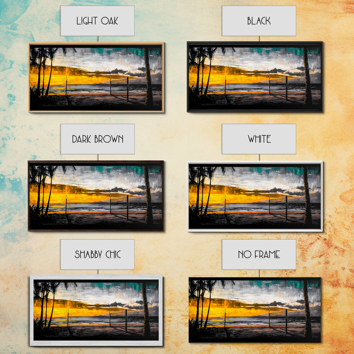 Beach Volleyball, Sunset Seascape, Warm Coastal Decor, Tropical Wall Art, Living Room Artwork, Golden Hour Beach Scene, Framed Canvas Print