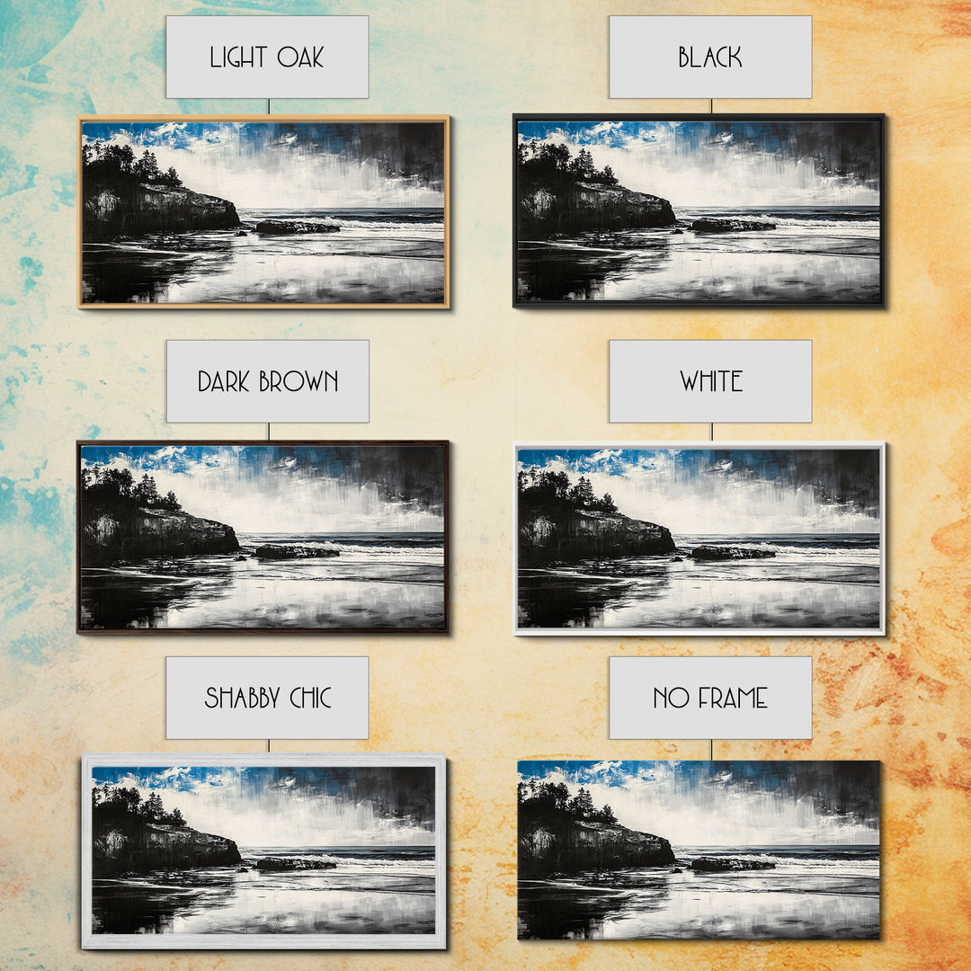 Dramatic Cliffside Painting, Ocean Wave Canvas Print, Monochrome Seascape Art, Moody Wall Decor, Coastal Artwork, Framed Canvas Print