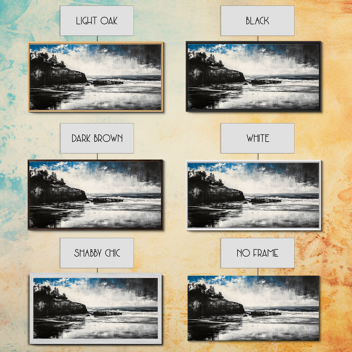 Dramatic Cliffside Painting, Ocean Wave Canvas Print, Monochrome Seascape Art, Moody Wall Decor, Coastal Artwork, Framed Canvas Print