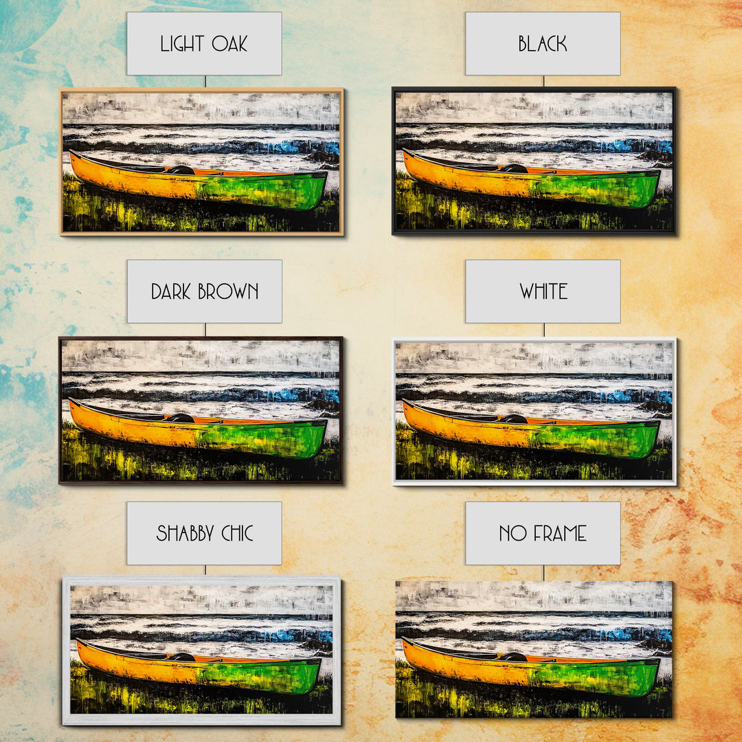 Canoe on the Shore, Rustic Nature Canvas Print, Lake House Wall Art, Autumn Painting, Outdoors Inspired Decor, Framed Canvas Print