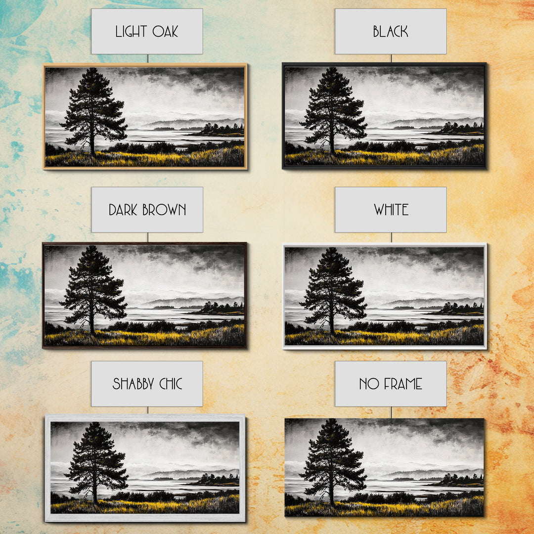 Foggy Pine Tree Art, Landscape Canvas Print, Black and White Painting, Autumn Wall Decor, Cabin Inspired Artwork, Framed Canvas Print