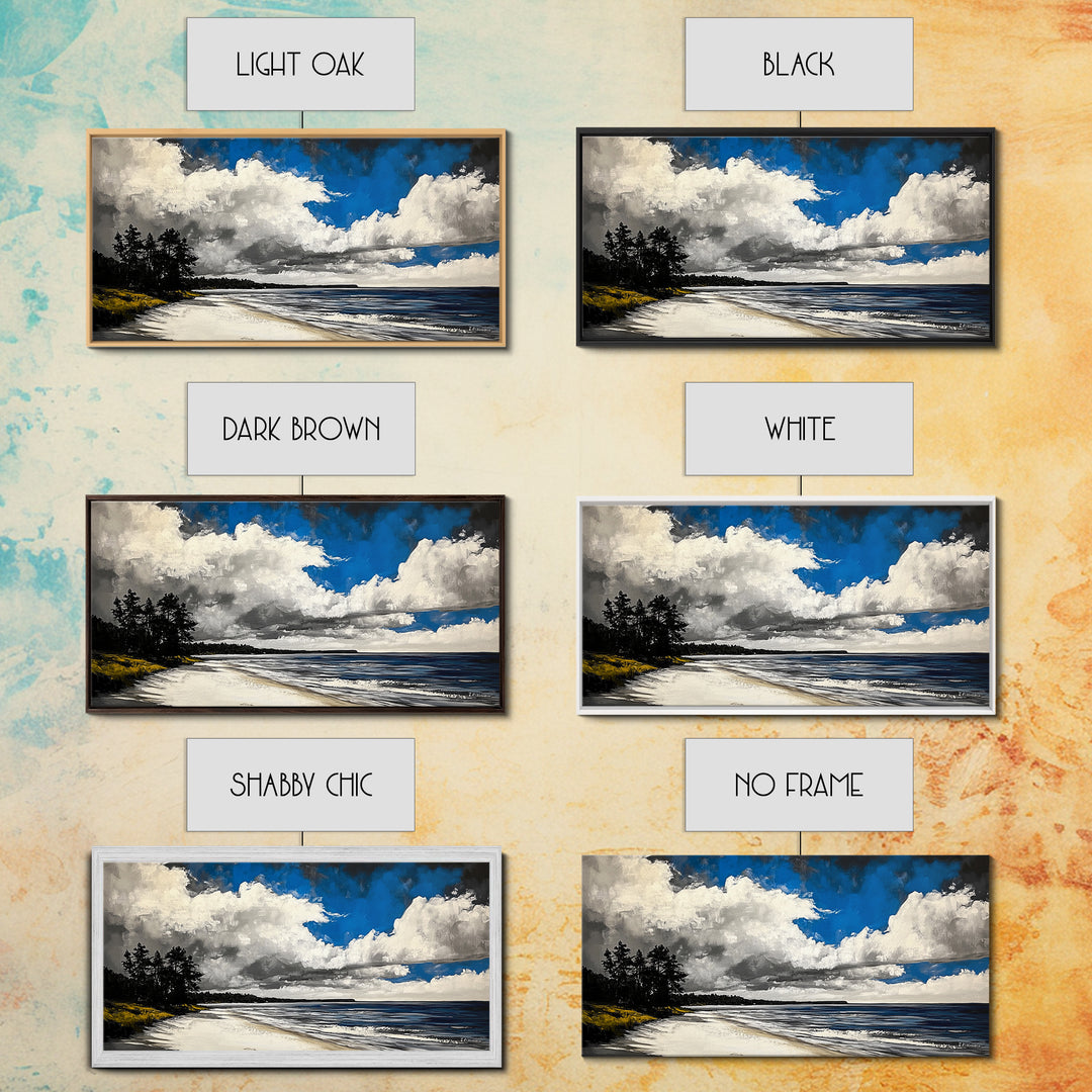 Dramatic Beach Scene, Blue Sky Canvas Print, Coastal Landscape Painting, Nature Wall Decor, Living Room Artwork, Framed Canvas Print