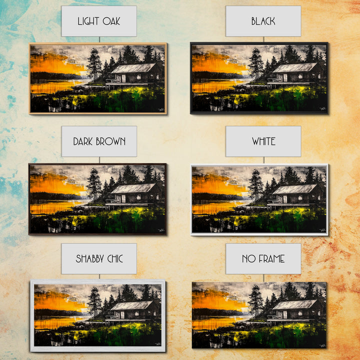 Rustic Cabin Art, Golden Sunset Canvas Print, Autumn Landscape Painting, Nature Wall Decor, Cozy Home Aesthetic, Framed Canvas Print